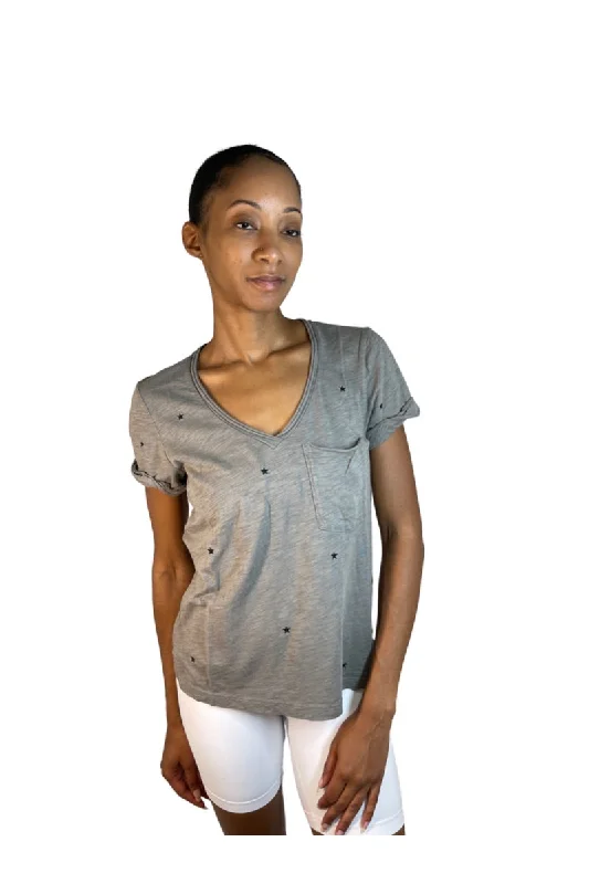 TLA Petite V-Neck Tee Shirt Stars with Pocket