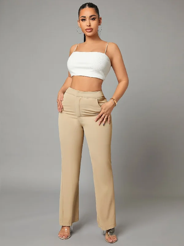 Elegant Plain Pocket High Waist Long Women Pants