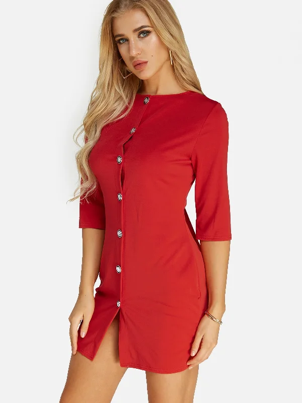 Wholesale Red Round Neck Half Sleeve Plain Mini Dress