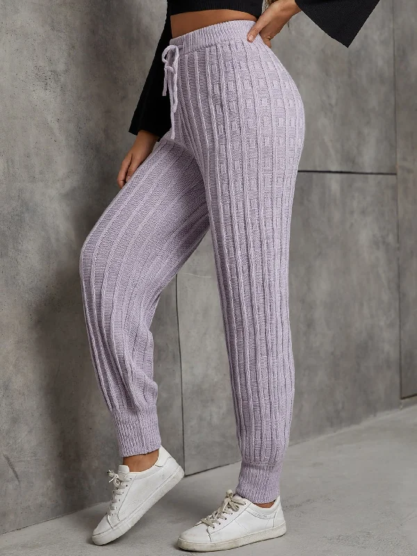 Casual Plain Drawstring High Waist Long Women Sweater Pants