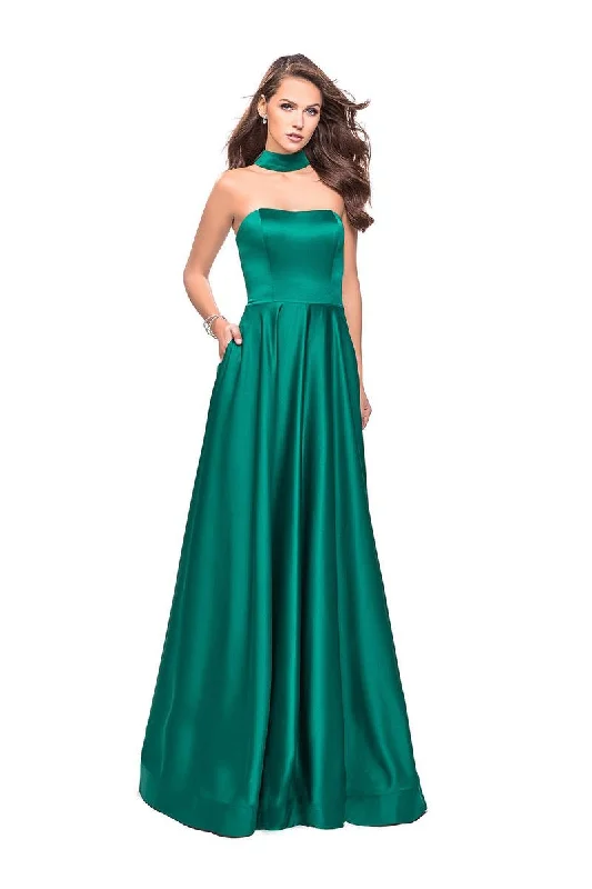 La Femme - 25680 Choker Accented Straight-Across Satin A-Line Gown