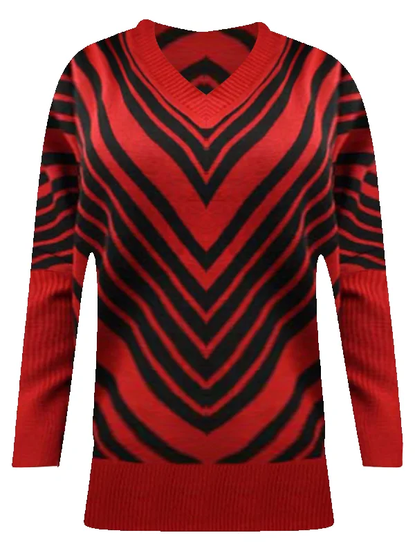 Red & Black Chevron Striped V-Neck Sweater With Dolman Sleeves Size Small