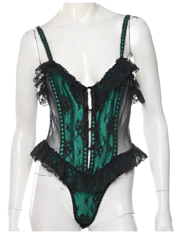 Black & Green Frilly Lace Fredriks Of Hollywood Bodysuit - S