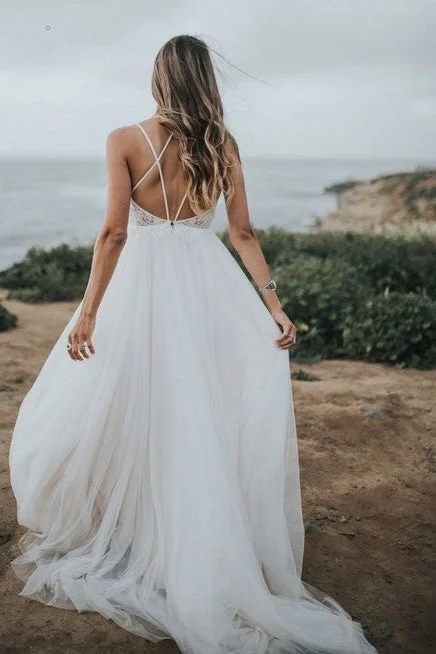 Lace Tulle Beach Wedding Dress with Strappy Back