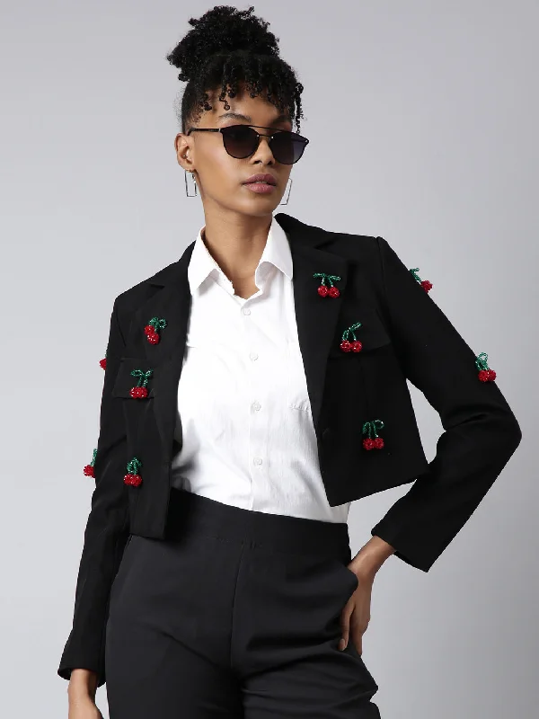 Women Black Solid Single Breasted Crop Blazer