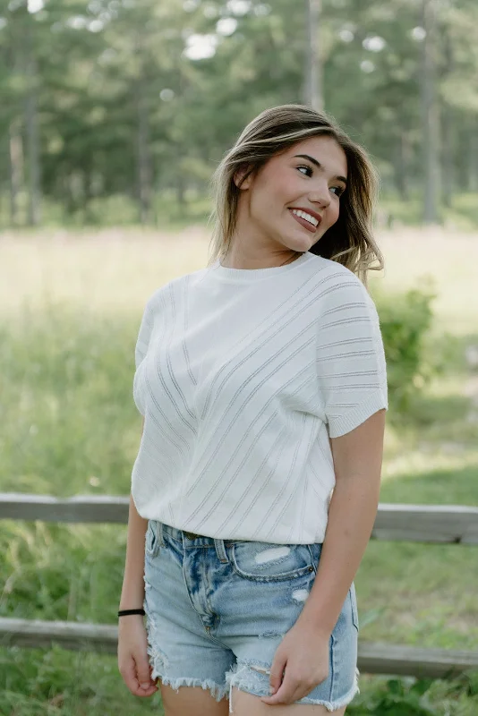 White Knit Pointelle Short Sleeve Top