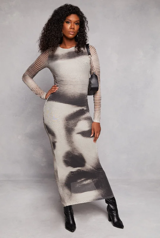 Almost Famous Mesh Striped Face Graphic Maxi Dress