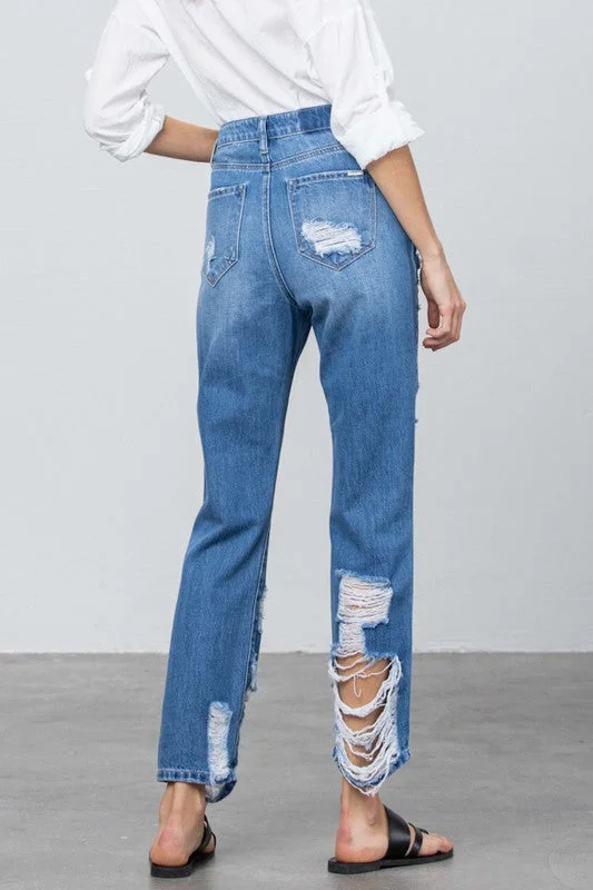 High Rise Destroyed Straight Jeans