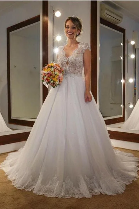 Classic Lace Capped Sleeves Wedding Dresses with Tulle Train