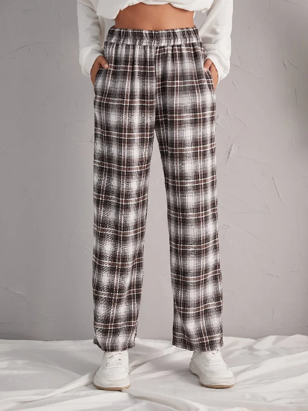 Preppy Tartan Pocket High Waist Long Women Pants