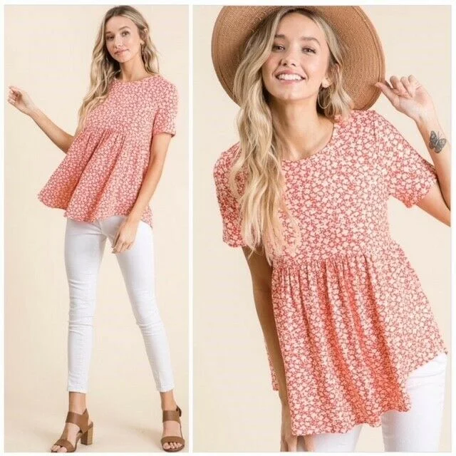 Ditsy Coral Floral Short Sleeve Babydoll Top Casual Womens