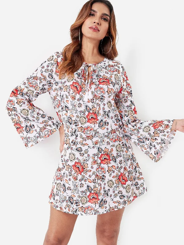 Wholesale Red V-Neck Long Sleeve Floral Print Lace-Up Mini Dress