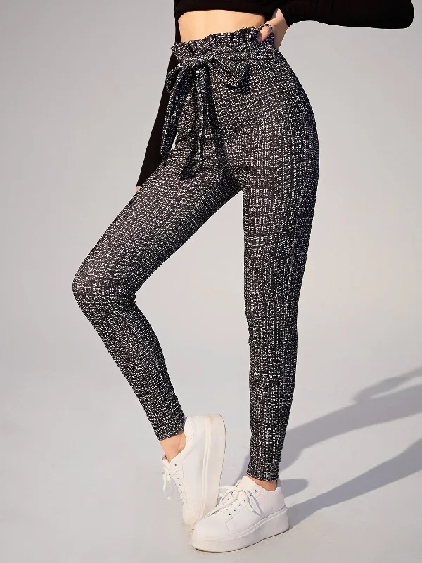 Casual Plaid Tie Front High Waist Long Women Pants