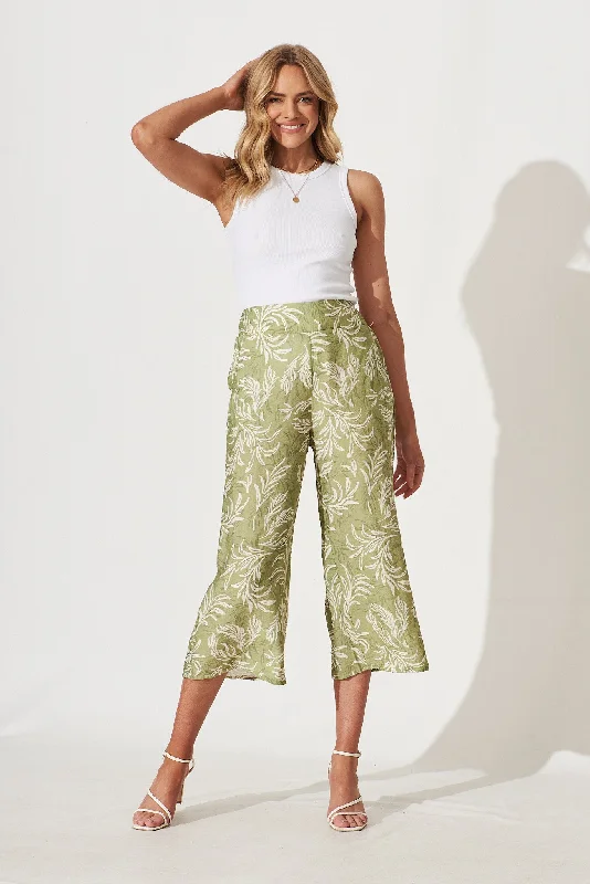 Michigan Pant In Green With Cream Leaf Print