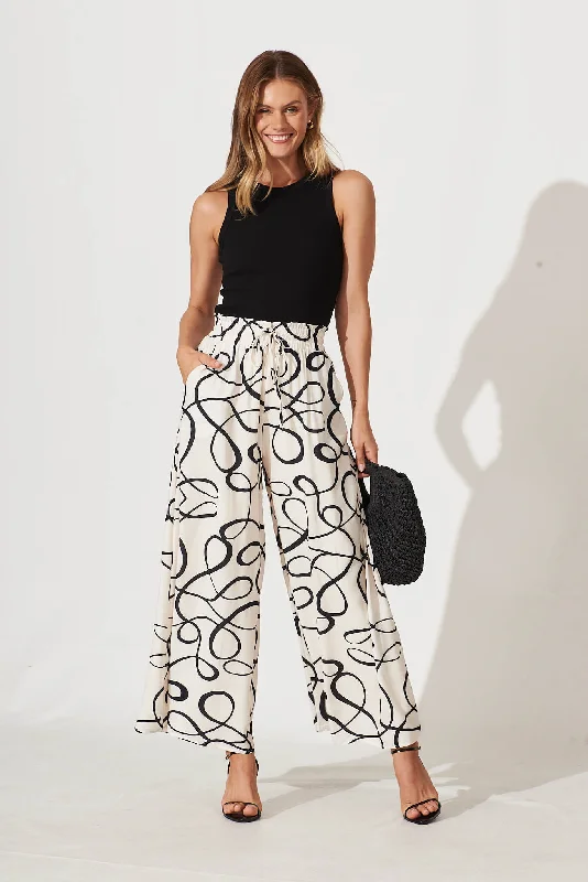 Goldie Wide Leg Pant In Cream With Black Swirl Print