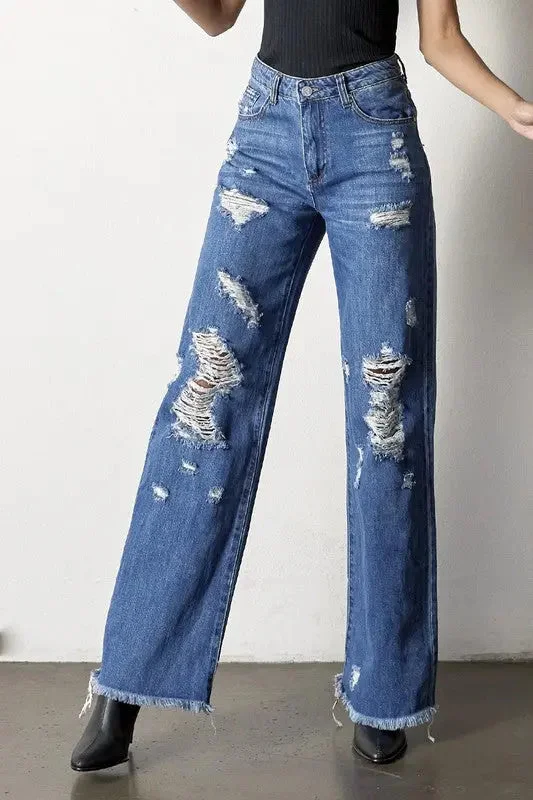 Distressed Frayed Hem Dad Jeans