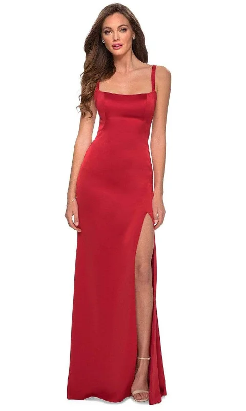 La Femme - 29349 Square Neck Plain Slit Dress