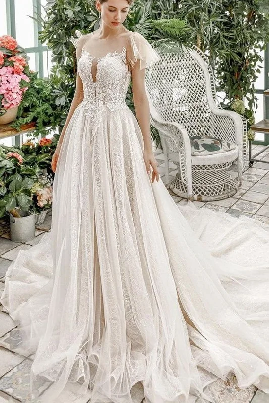 See-through Lace Wedding Dresses with Flounced Sleeves