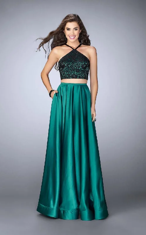 La Femme - 24264 Sleeveless Halter Neck Laced and Satin Two-piece A-line Dress