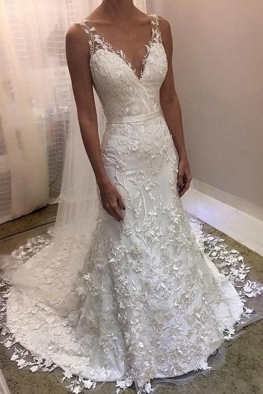 V-neckline Floral Lace Bridal Gown 2020 New Style