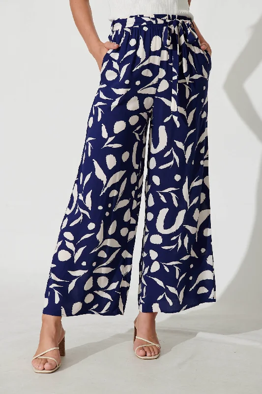 Mackillop Pant In Navy With Cream Leaf Print