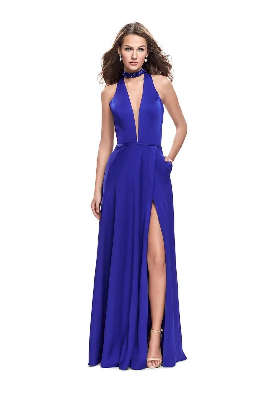 La Femme - 26154 Deep V-neck with Choker Satin A-line Gown